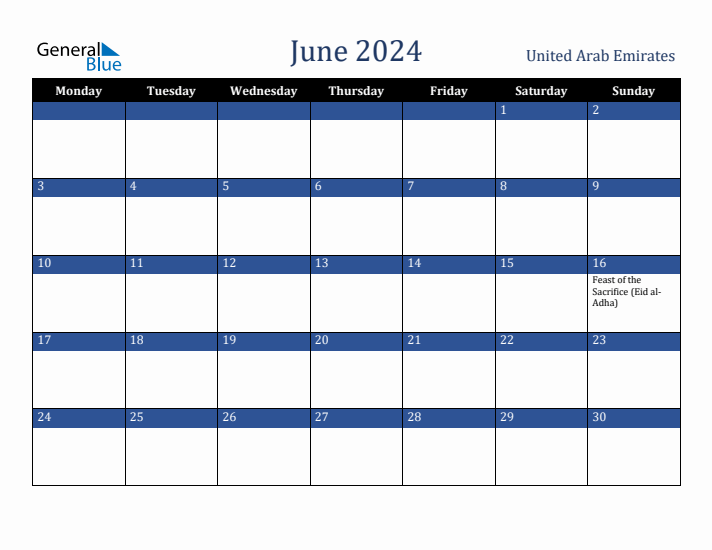 June 2024 United Arab Emirates Monthly Calendar with Holidays