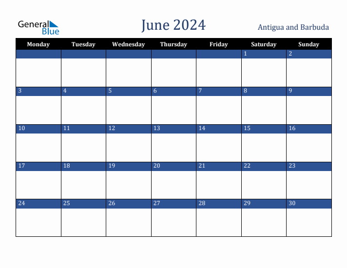 June 2024 Antigua and Barbuda Calendar (Monday Start)