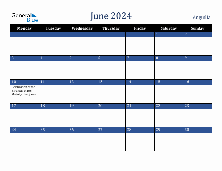 June 2024 Anguilla Calendar (Monday Start)