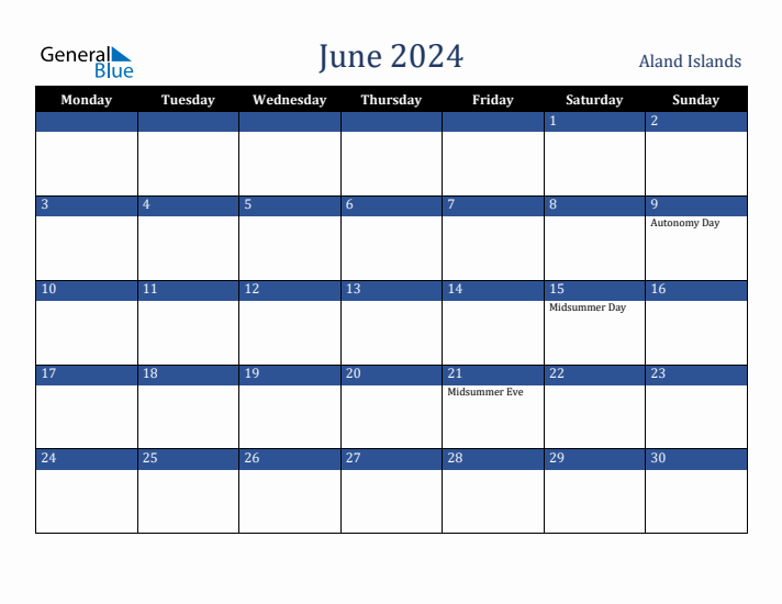 June 2024 Aland Islands Calendar (Monday Start)
