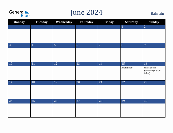 June 2024 Bahrain Calendar (Monday Start)