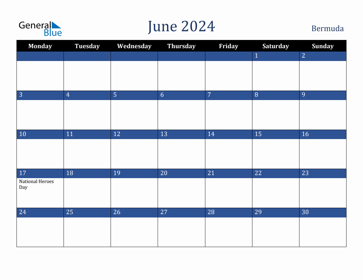 June 2024 Bermuda Holiday Calendar