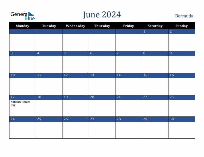 June 2024 Bermuda Calendar (Monday Start)