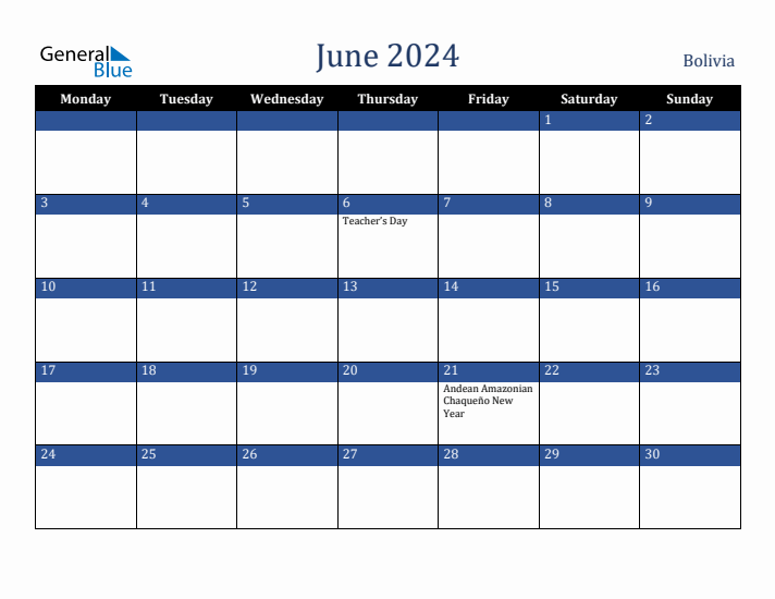 June 2024 Bolivia Calendar (Monday Start)