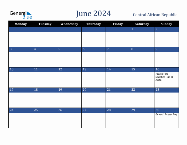 June 2024 Central African Republic Calendar (Monday Start)