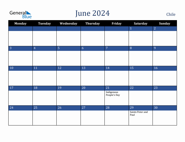 June 2024 Chile Calendar (Monday Start)