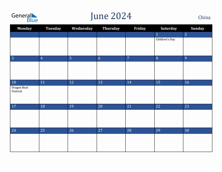 June 2024 China Calendar (Monday Start)