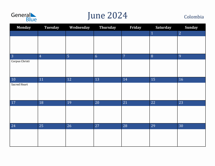 June 2024 Colombia Calendar (Monday Start)
