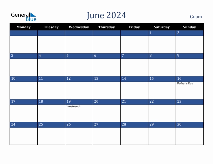 June 2024 Guam Calendar (Monday Start)