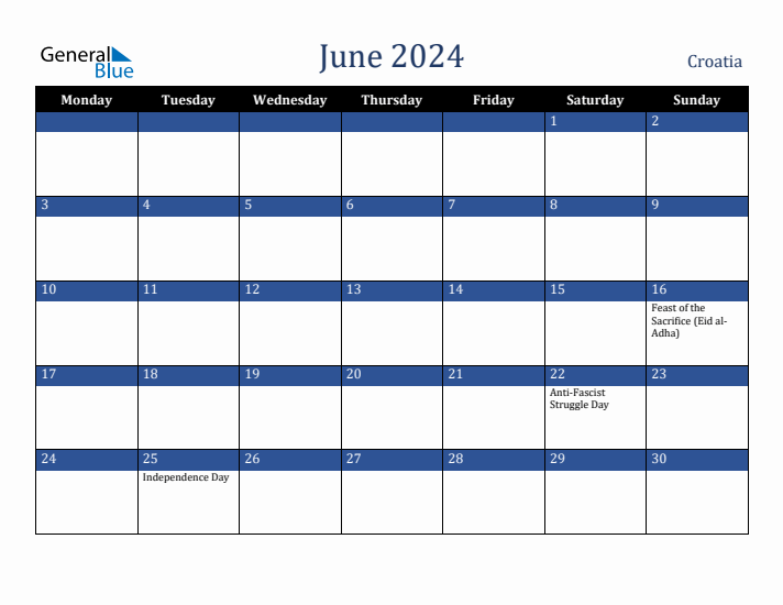 June 2024 Croatia Calendar (Monday Start)