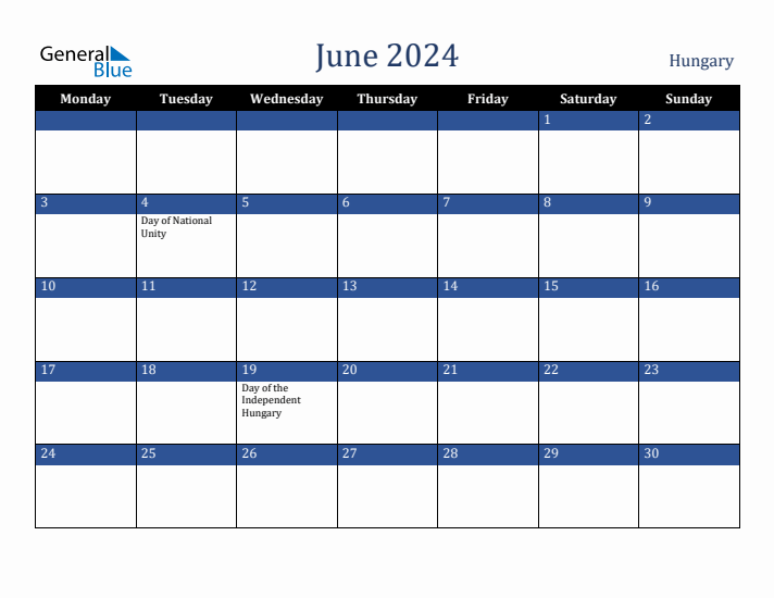 June 2024 Hungary Calendar (Monday Start)