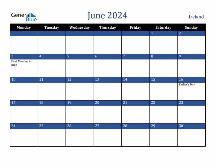June 2024 Ireland Calendar (Monday Start)