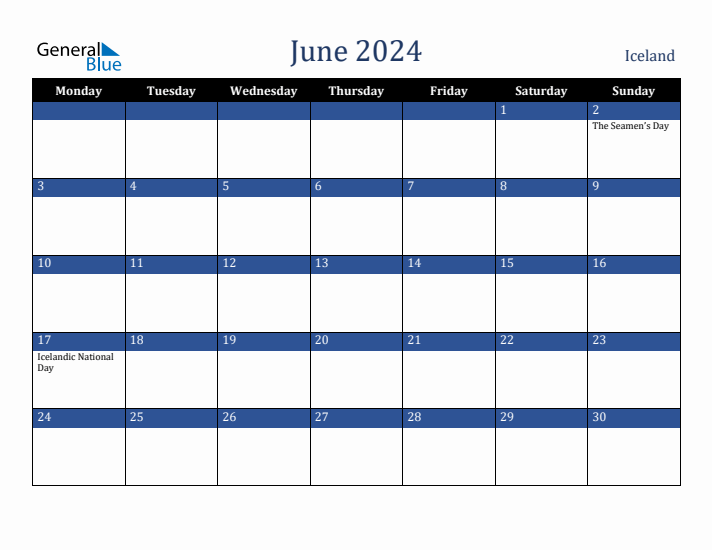 June 2024 Iceland Calendar (Monday Start)