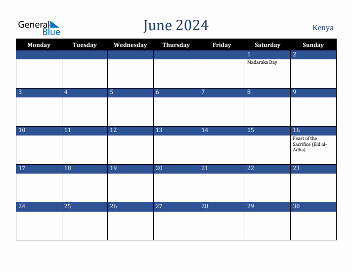 June 2024 Kenya Monthly Calendar with Holidays