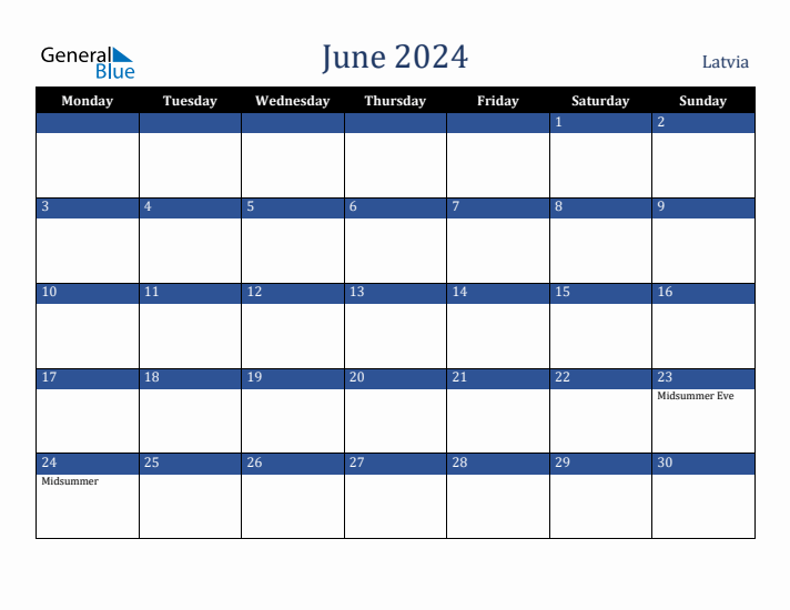 June 2024 Latvia Calendar (Monday Start)