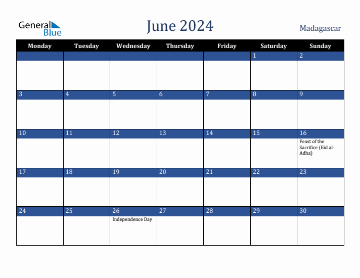 June 2024 Madagascar Calendar (Monday Start)