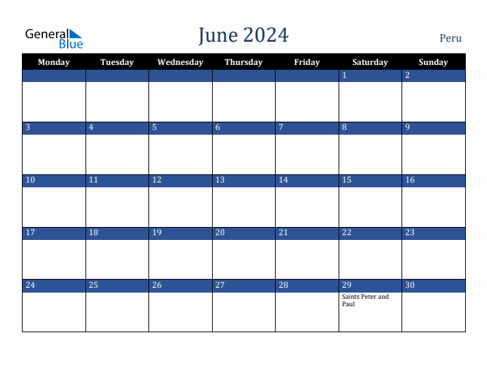 June 2024 Peru Calendar (Monday Start)