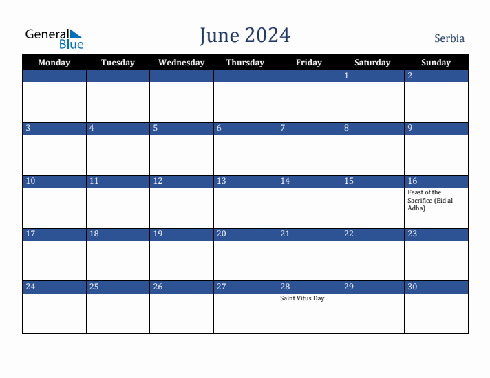 June 2024 Serbia Calendar (Monday Start)