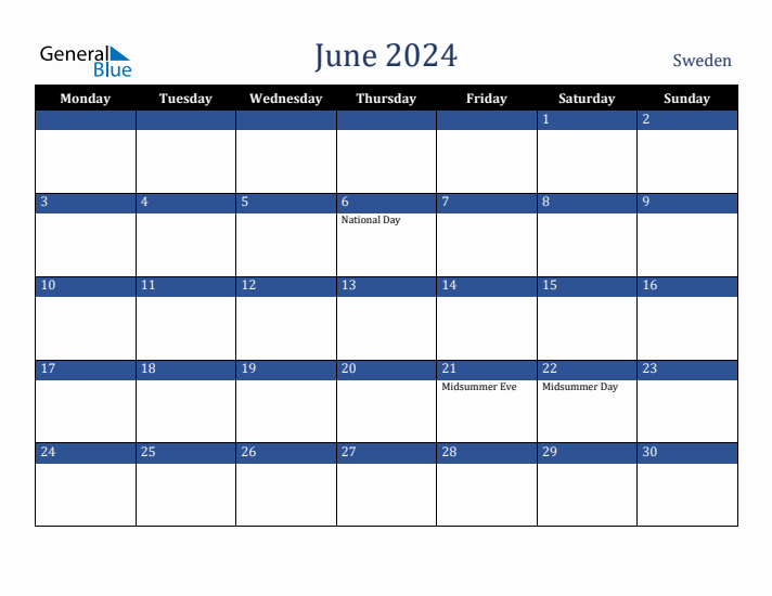 June 2024 Sweden Calendar (Monday Start)