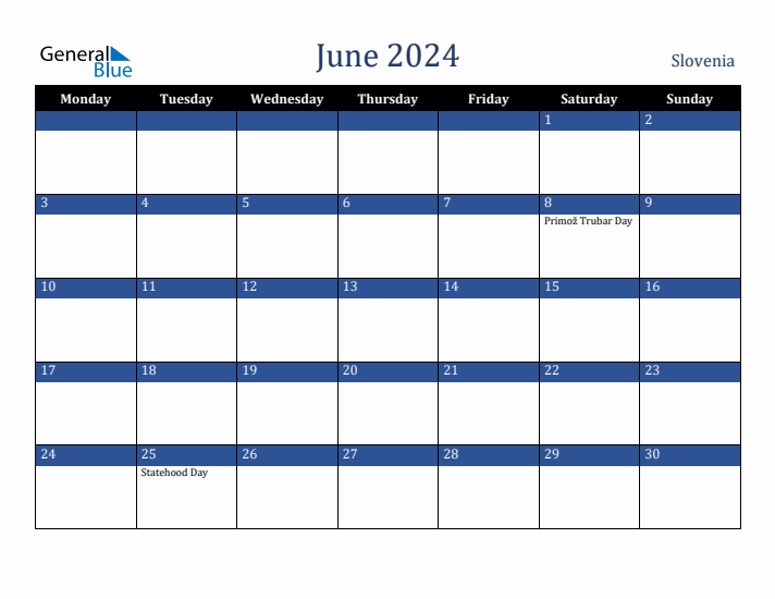 June 2024 Slovenia Calendar (Monday Start)
