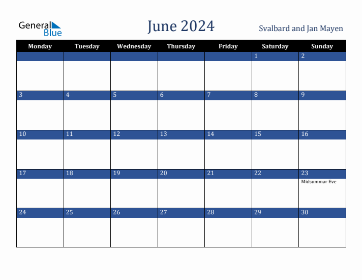 June 2024 Svalbard and Jan Mayen Calendar (Monday Start)