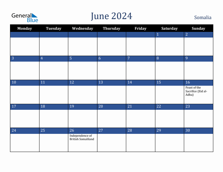 June 2024 Somalia Calendar (Monday Start)