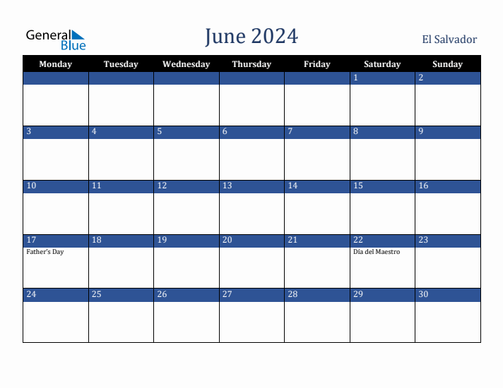 June 2024 El Salvador Calendar (Monday Start)