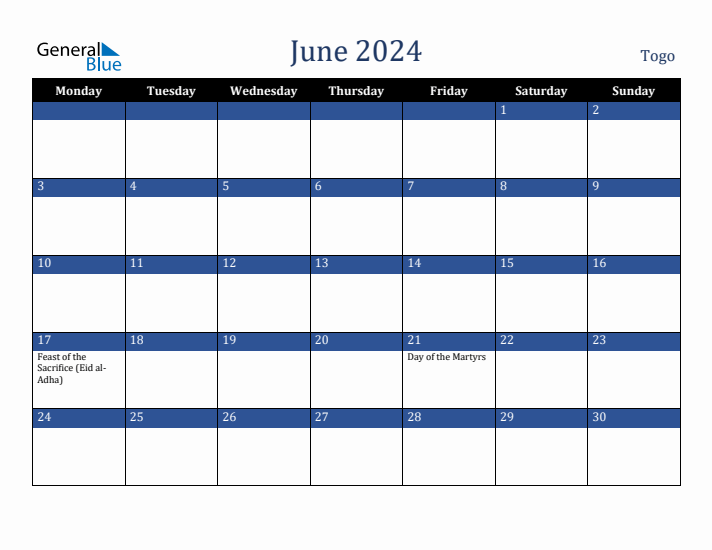 June 2024 Togo Calendar (Monday Start)