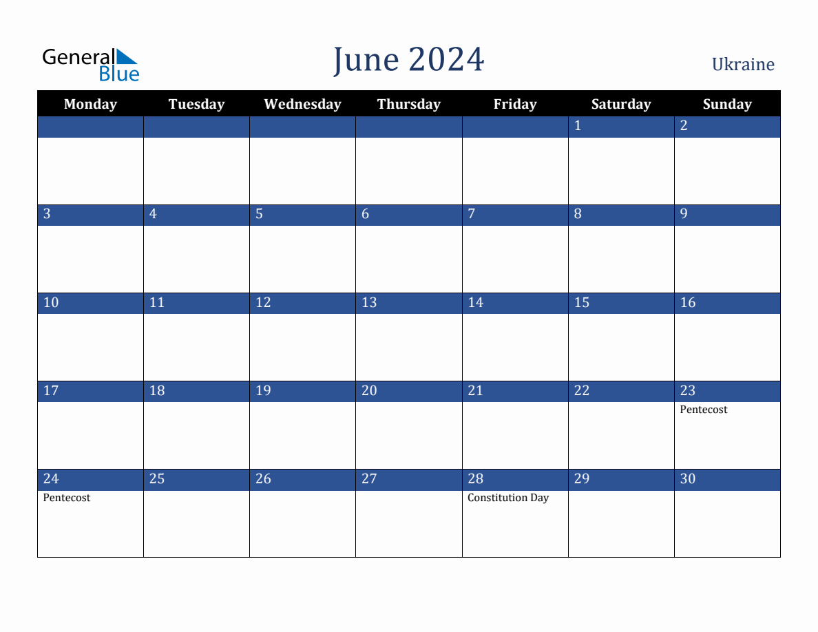 June 2024 Ukraine Holiday Calendar