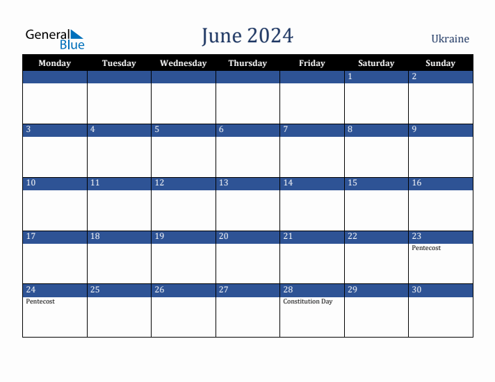 June 2024 Ukraine Calendar (Monday Start)
