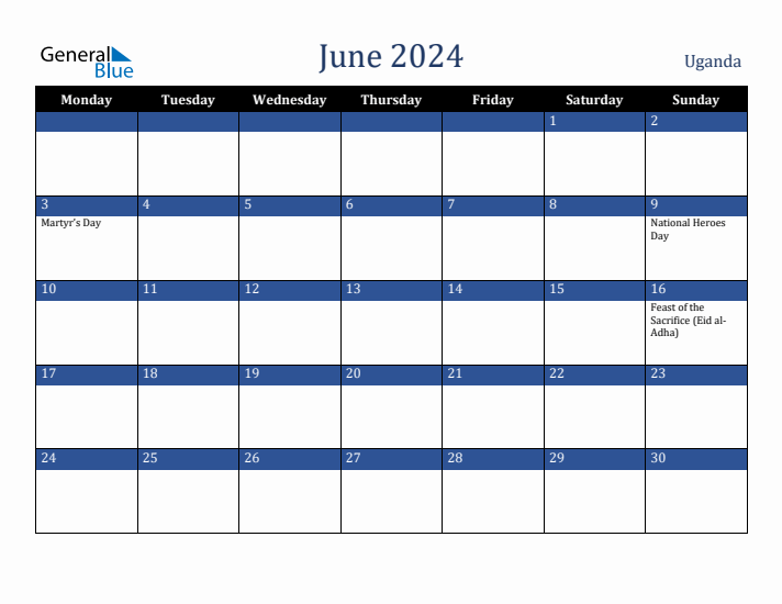 June 2024 Uganda Monthly Calendar with Holidays