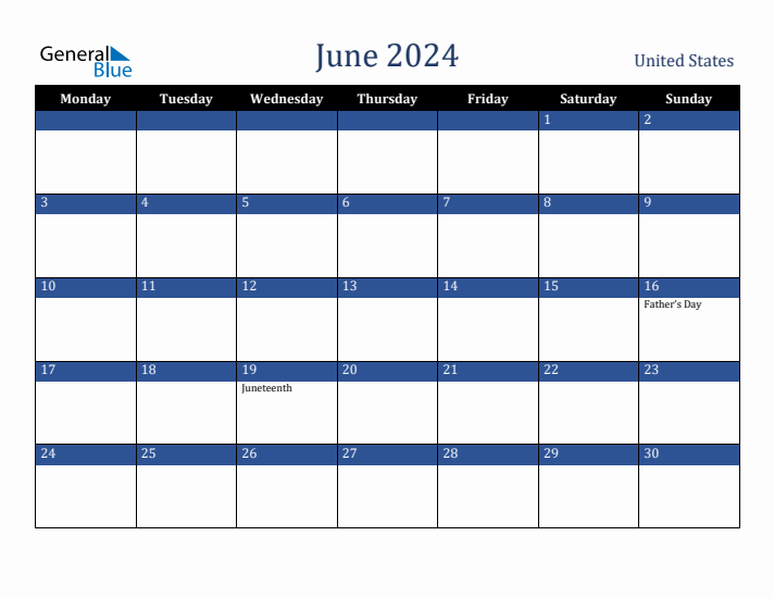 June 2024 United States Calendar (Monday Start)