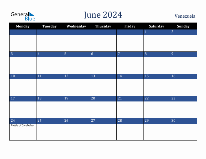 June 2024 Venezuela Calendar (Monday Start)