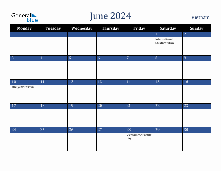June 2024 Vietnam Monthly Calendar with Holidays