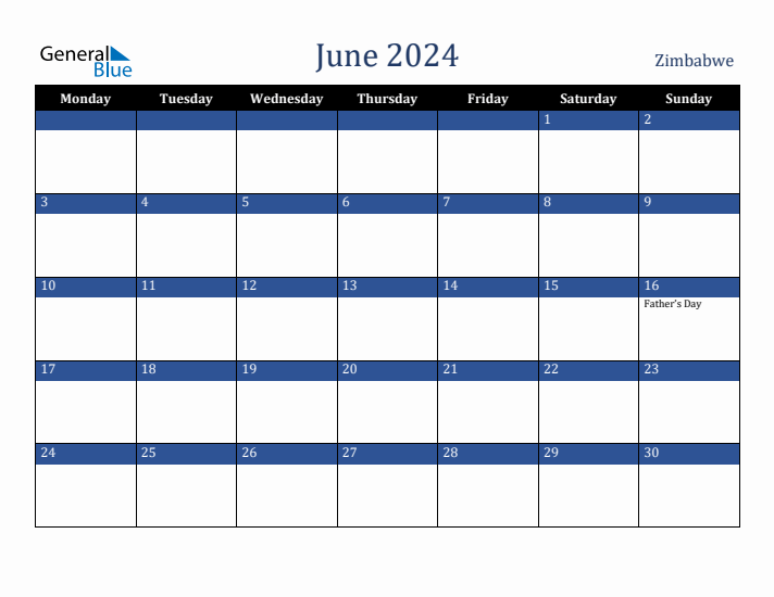 June 2024 Zimbabwe Calendar (Monday Start)