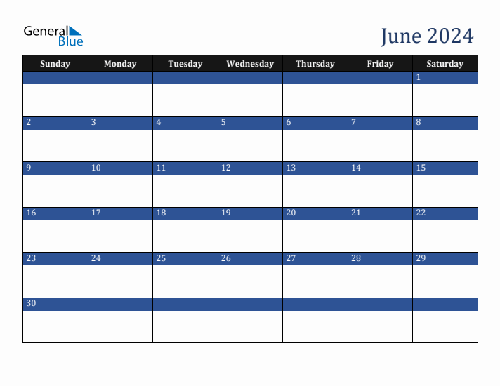 Sunday Start Calendar for June 2024