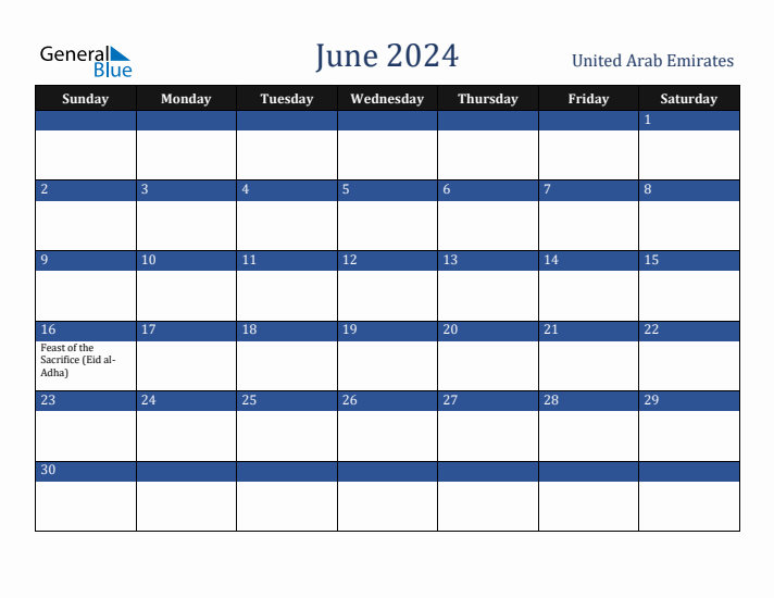 June 2024 United Arab Emirates Calendar (Sunday Start)