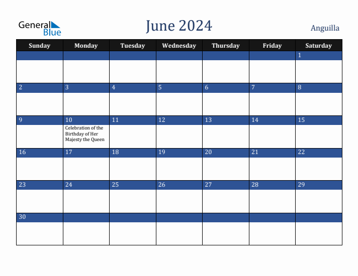 June 2024 Anguilla Calendar (Sunday Start)