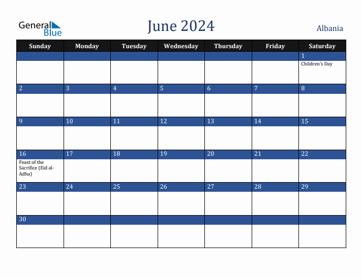 June 2024 Albania Calendar (Sunday Start)