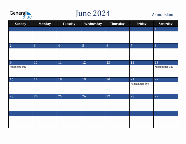 June 2024 Aland Islands Calendar (Sunday Start)