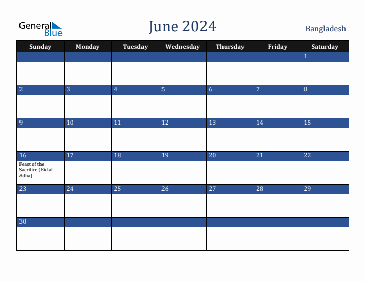 June 2024 Bangladesh Calendar (Sunday Start)