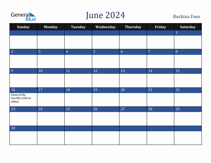 June 2024 Burkina Faso Calendar (Sunday Start)