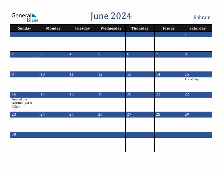 June 2024 Bahrain Calendar (Sunday Start)