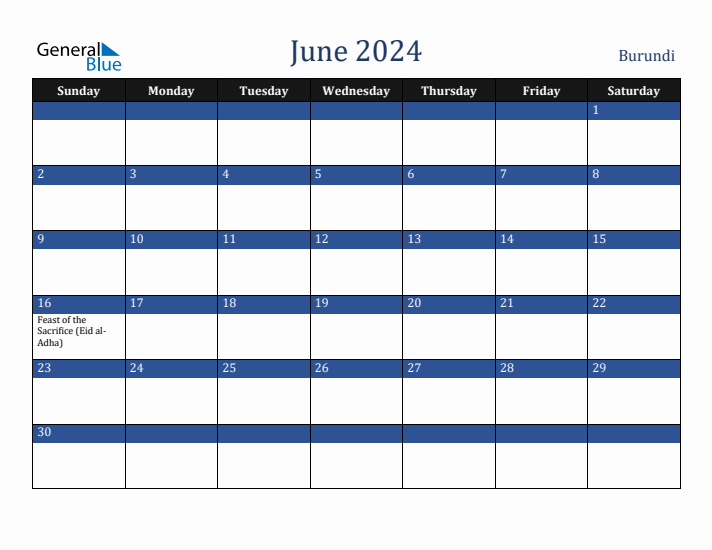 June 2024 Burundi Calendar (Sunday Start)