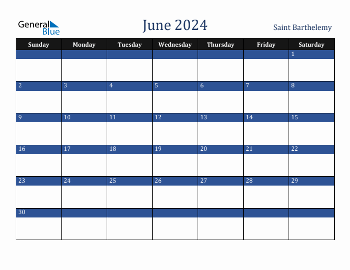 June 2024 Saint Barthelemy Calendar (Sunday Start)