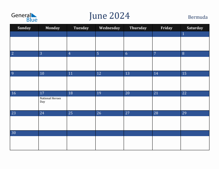 June 2024 Bermuda Calendar (Sunday Start)