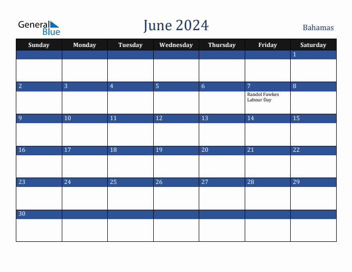 June 2024 Bahamas Calendar (Sunday Start)