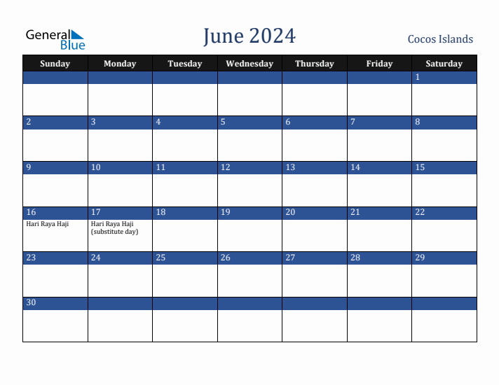 June 2024 Cocos Islands Calendar (Sunday Start)