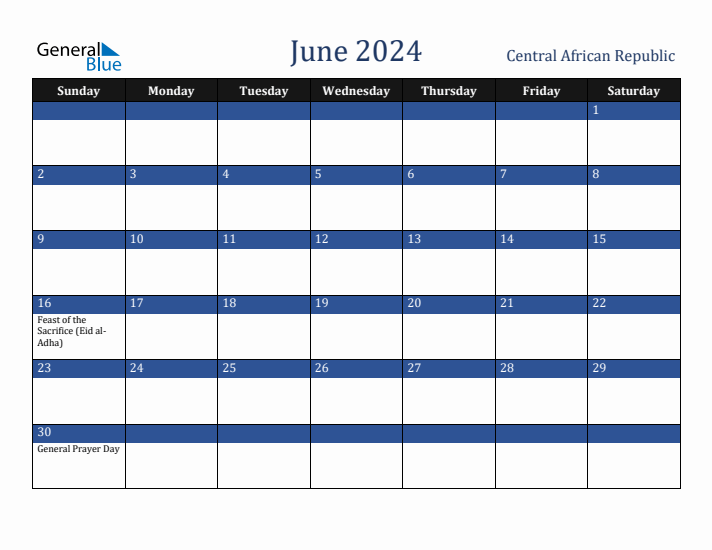 June 2024 Central African Republic Calendar (Sunday Start)