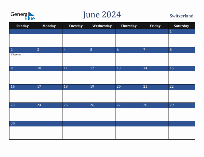 June 2024 Switzerland Calendar (Sunday Start)
